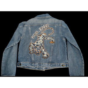 Embroidered White Tiger Denim Jacket Women's Medium Prowling KGB Jeans Waist